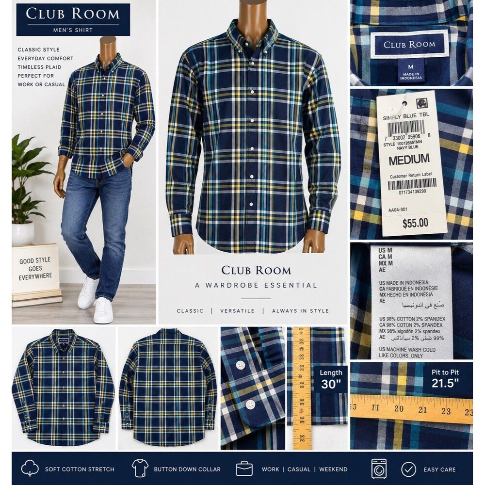 Club Room Mens Performance Plaid Regular Fit Pocket Button Down Shirt M